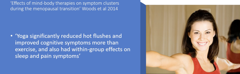 Effects of mind-body therapies on symptom clusters during the menopausal transition’ Woods et al 2014 stated ‘Yoga significantly reduced hot flushes and improved cognitive symptoms more than exercise, and alsohad within-group effects on sleep and pain symptoms’