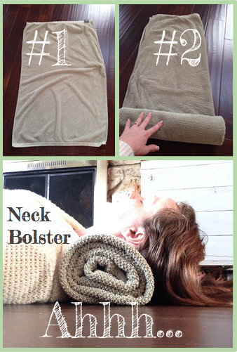 DIY neck bolster made out of a bath towel for improving neck alignment