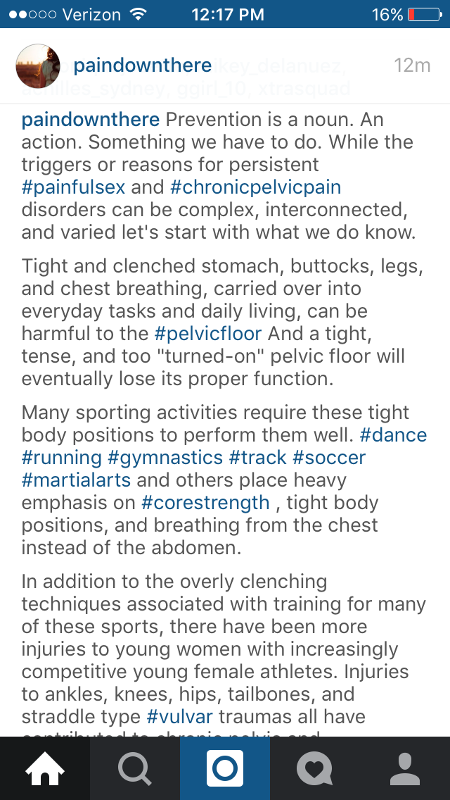 This is a screenshot of an instagram post from "Pain Down There" which you should all follow. Do you see the connection she makes between mechanics and your pelvic floor which is the base of your core? Amazing! Click the image to be taken to the original post.