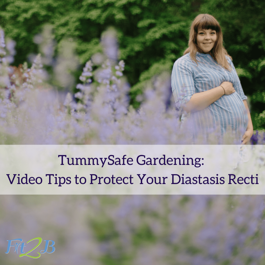 TummySafe Gardening: Video Tips to Protect Your Diastasis Recti - Fit2B.com - Fit2B wants women safe as they explore garnering for beginners. That's why Beth, our fitness and core expert who specializes in tummy safe diastasic recti exercises, put together this blog with a short video to help you avoid back pain. You know your gardening will be great as an abs workout when you learn how to breathe properly while engaging your core and practice a deep squat with proper posture. Click through to learn more! #gardeningforbeginners #diastasisrecti #fit2b #absworkout #fitness