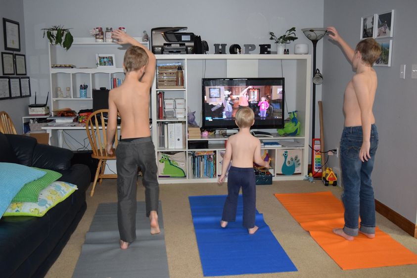 Adorable boys using the midline crossing routine on Fit2B called Kids Crossover! -fit2b.com