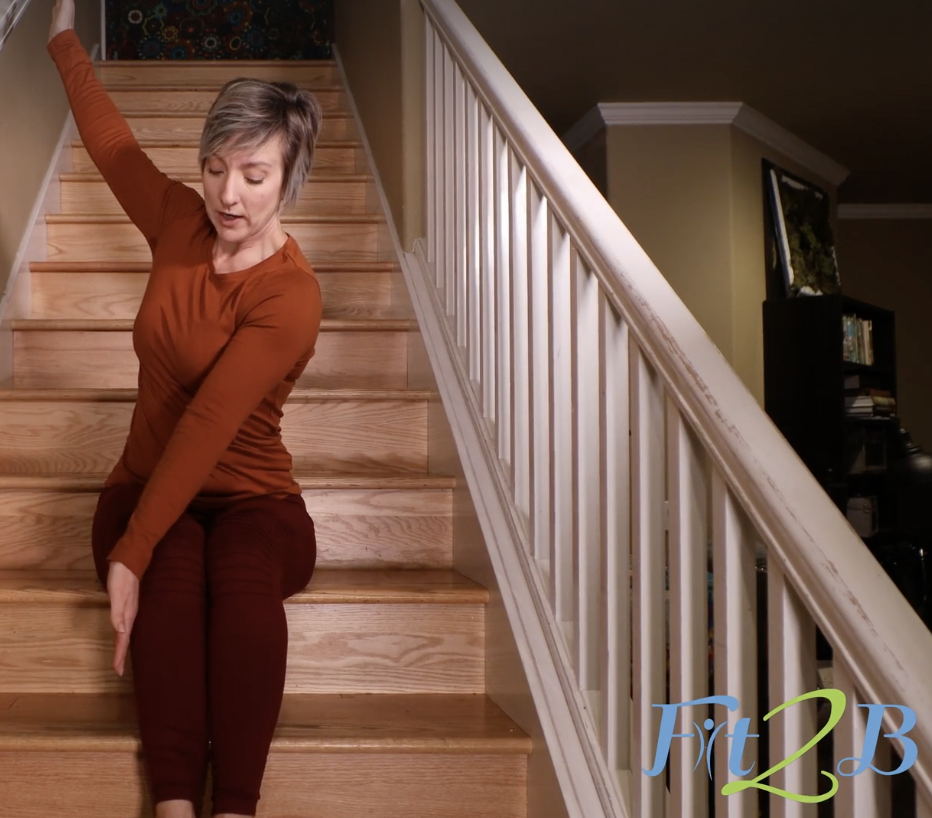 Stair Stretches: Exercise Routine with stretching you can do on your stairs, sitting down and shifting one step and one stretch at a time - fit2b.com